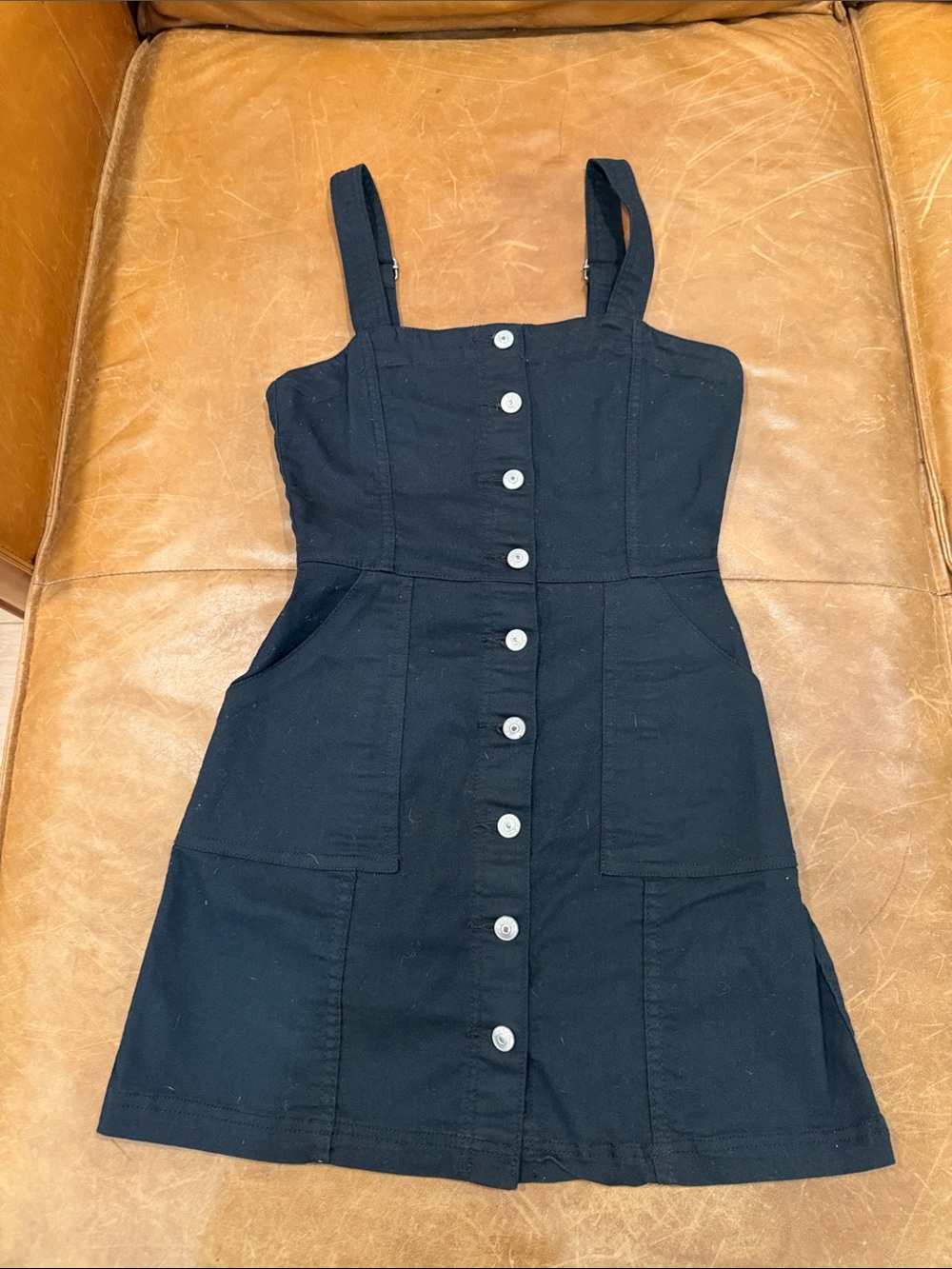 Stretchy Denim Black Button-Front Mini Dress with Pockets